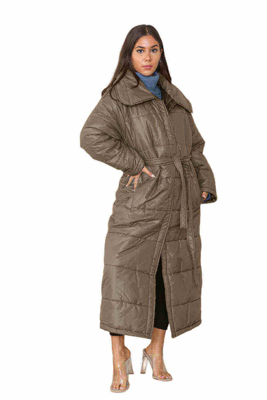Side View of Chic Long Olive Puffer Coat for Womens