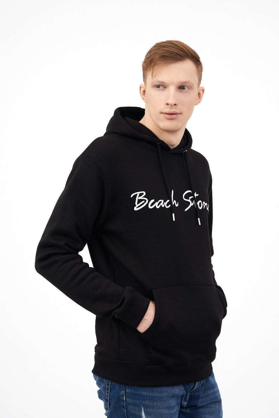 Right Side front Pose of Men's Hoodie with Beach Stone Embroidery