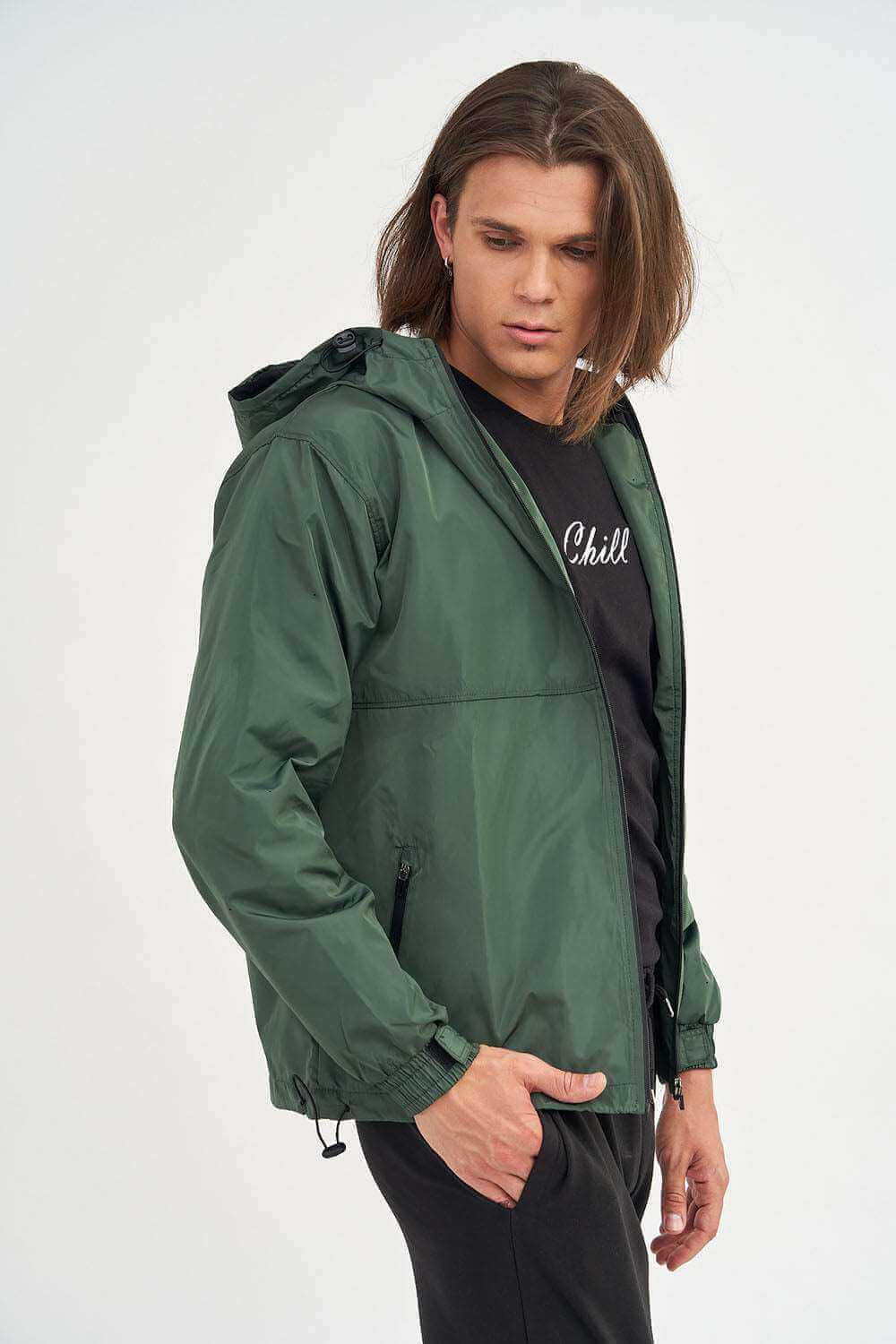 Right Side of Zipped Men's Hooded Jacket with Adjustable Cuffs