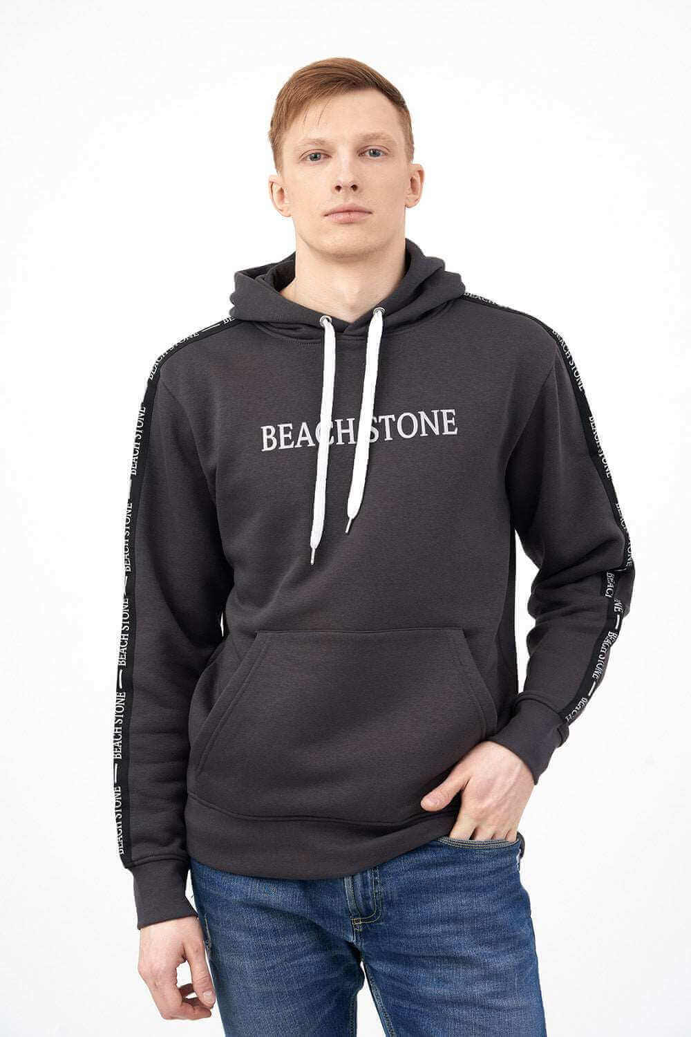 Front View of Men's Fleece Hoodie with Side Tape at Sleeves 