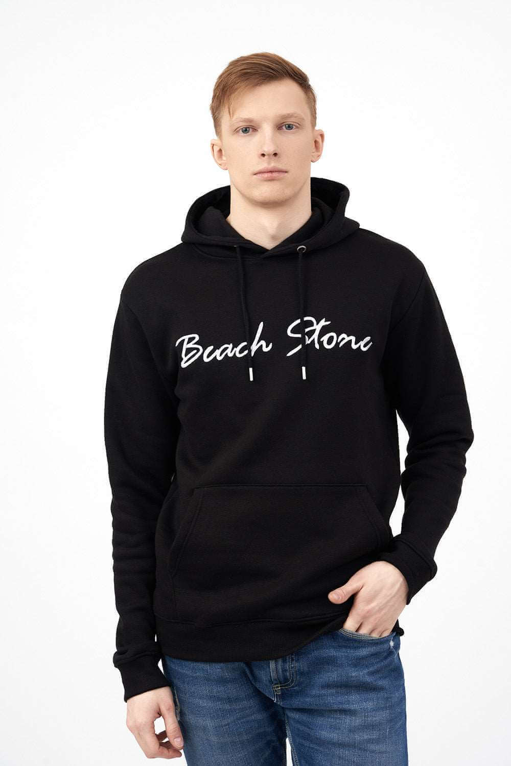 Front Pose of Men's Hoodie with Beach Stone Embroidery
