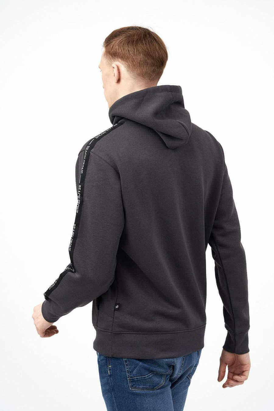 Back View of Men's Fleece Hoodie with Side Tape at Sleeves 