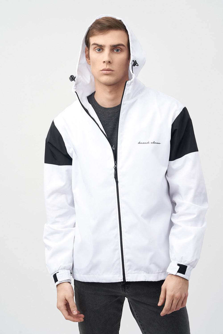 Front Pose of Contrast Panel Zipped Men's Hooded Jacket