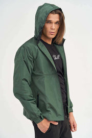 Side Pose of Zipped Men's Hooded Jacket with Adjustable Cuffs