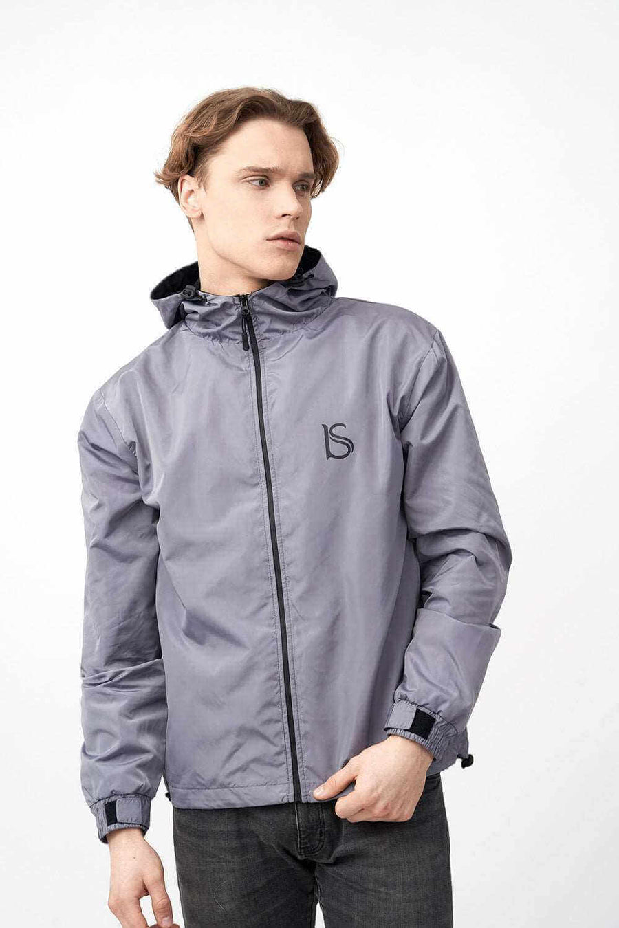 Side View of Fully Zipped Men's Hooded Jacket with Adjustable Cuffs