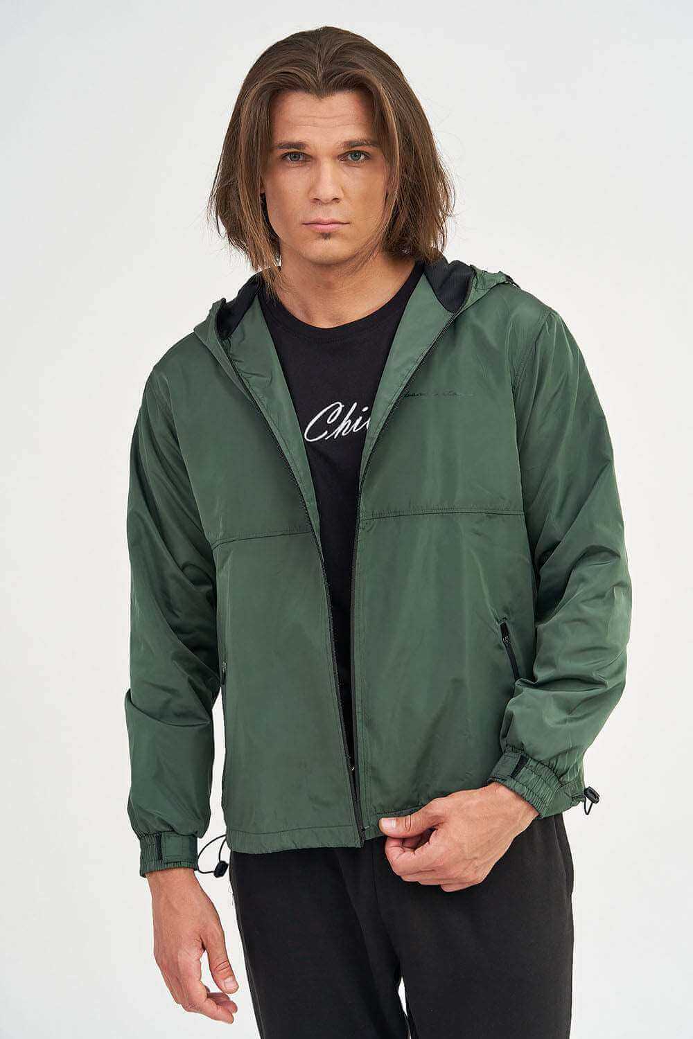 Front View of Men's Zipper Jacket with Adjustable Cuffs