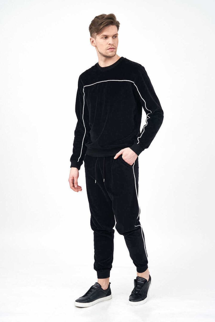 Left Side Pose of Velour Men's Tracksuit Set with contrast Piping