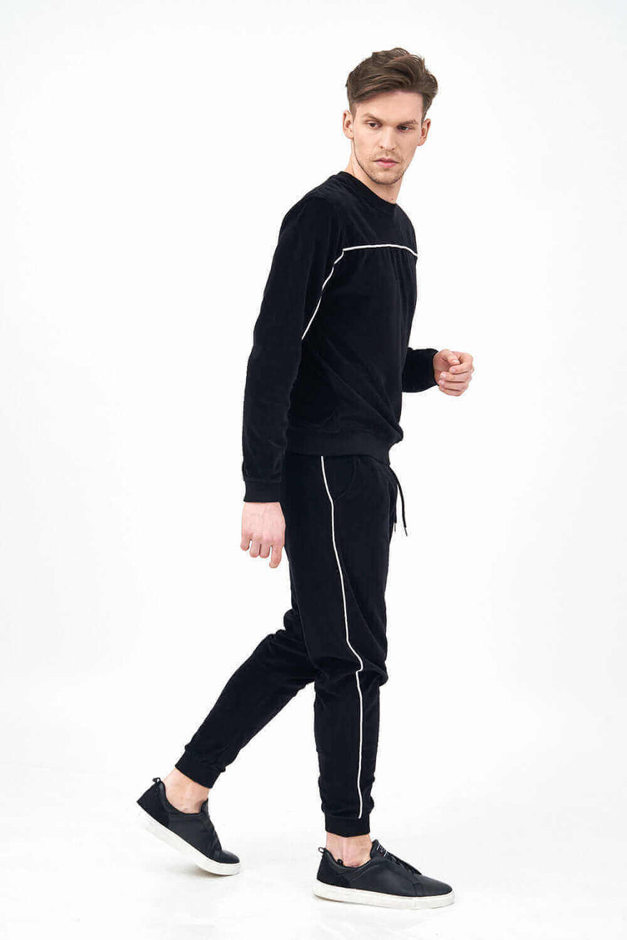 Side Posture of Velour Men's Tracksuit Set with contrast Piping