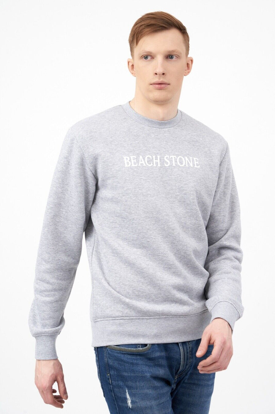 Crew Neck Men's Sweatshirt with Beach Stone Print in Grey