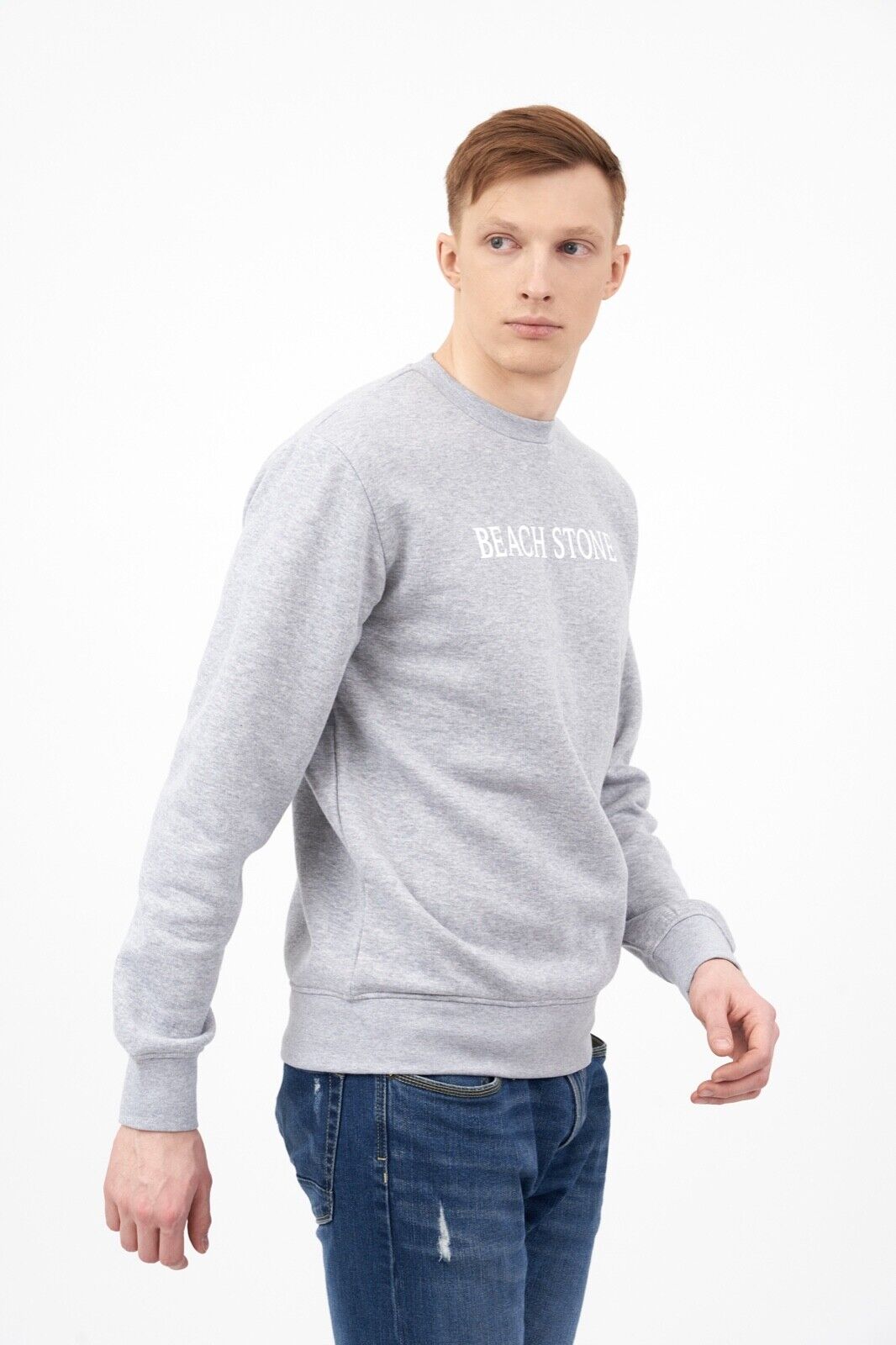Crew Neck Men's Sweatshirt with Beach Stone Print in Grey