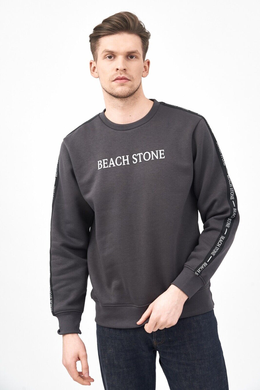 Men's Sweatshirt With Beach Stone Print and Side Tape in Charcoal