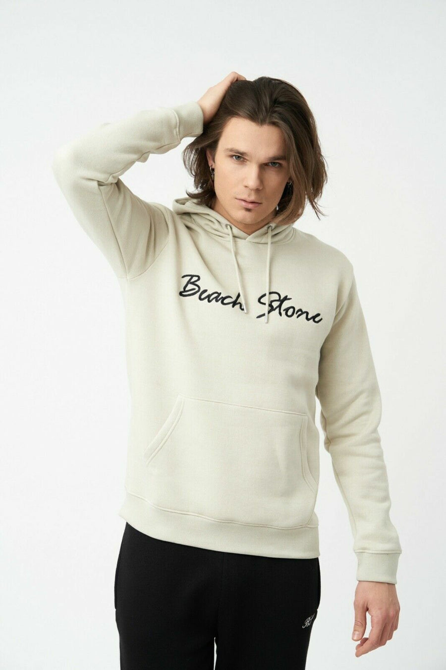 Comfy Men's Hoodie with Beach Stone Embroidery In Stone