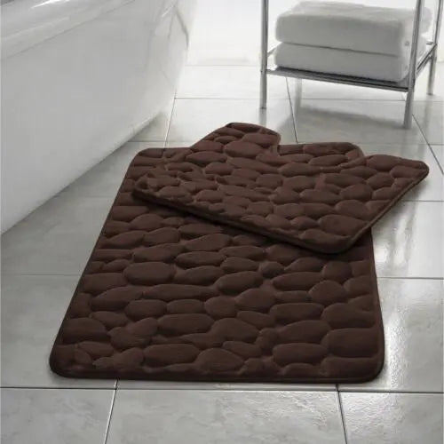 Pebbles Memory Foam Bath Mat Set 2 Piece Non Slip Pedestal & Bath Toilet Rug - Beach Stone
