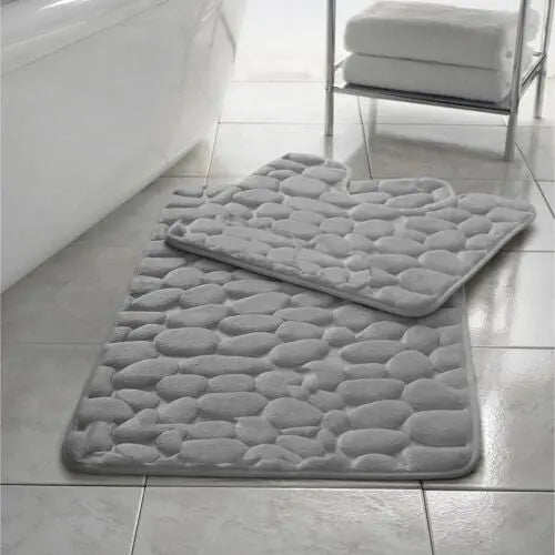 Pebbles Memory Foam Bath Mat Set 2 Piece Non Slip Pedestal & Bath Toilet Rug - Beach Stone