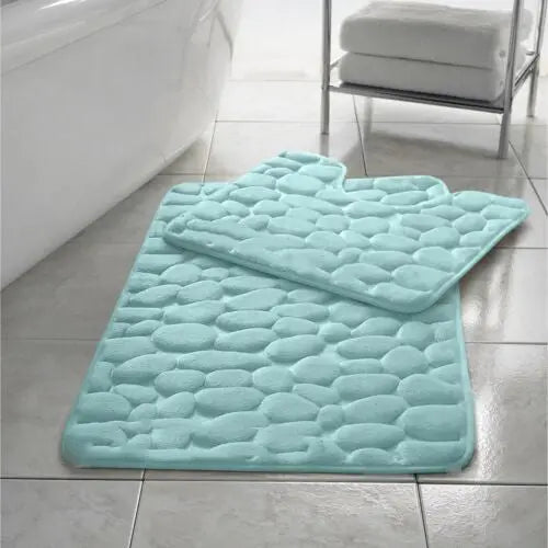 Pebbles Memory Foam Bath Mat Set 2 Piece Non Slip Pedestal & Bath Toilet Rug - Beach Stone