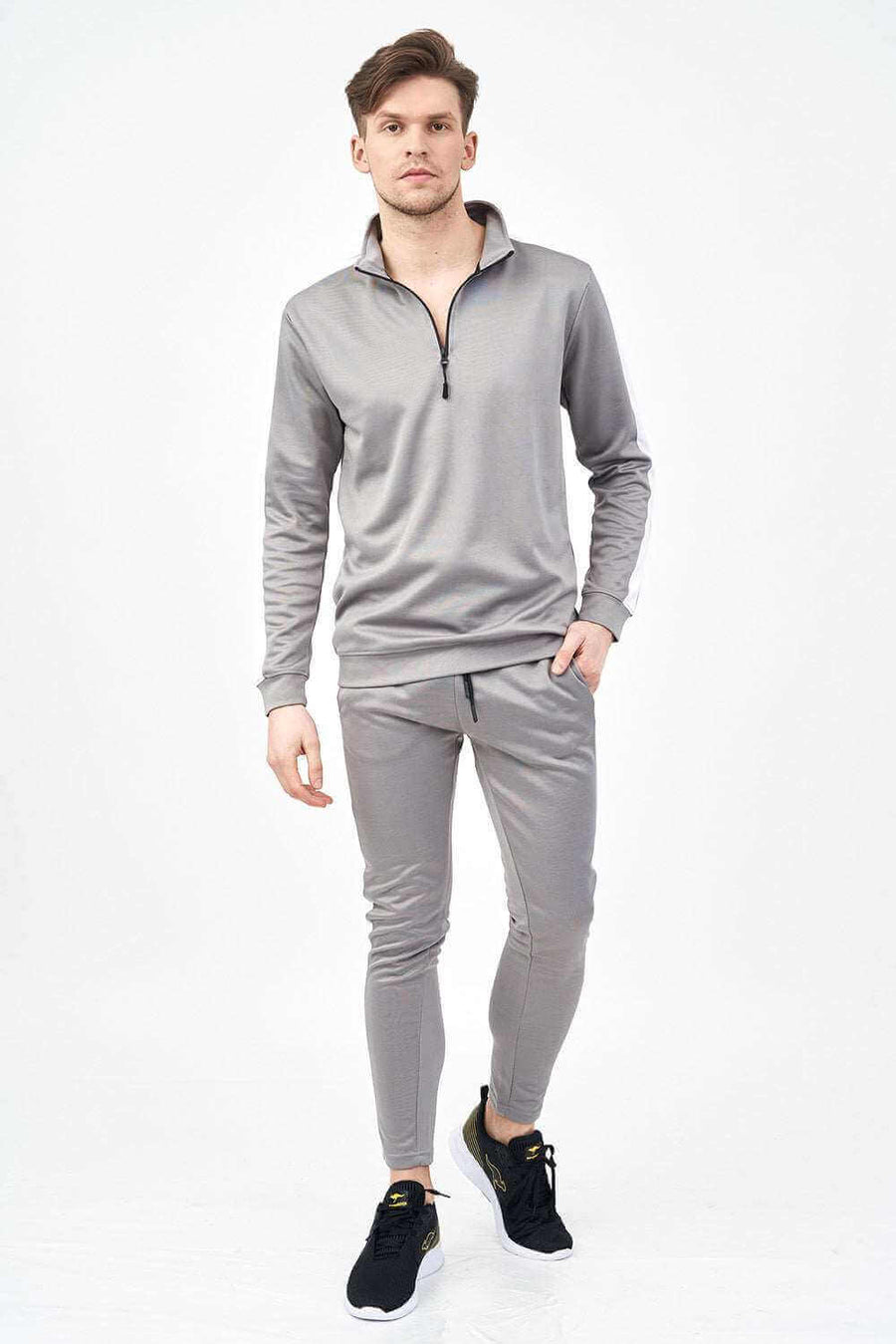Front Pose of Tricot Funnel Neck Men's Tracksuit Set with Side Panel