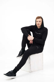 Sitting Posture of Muscle Fit Poly Hooded Men's Tracksuit