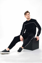 Sitting Posture of Velour Men's Tracksuit Set with contrast Piping
