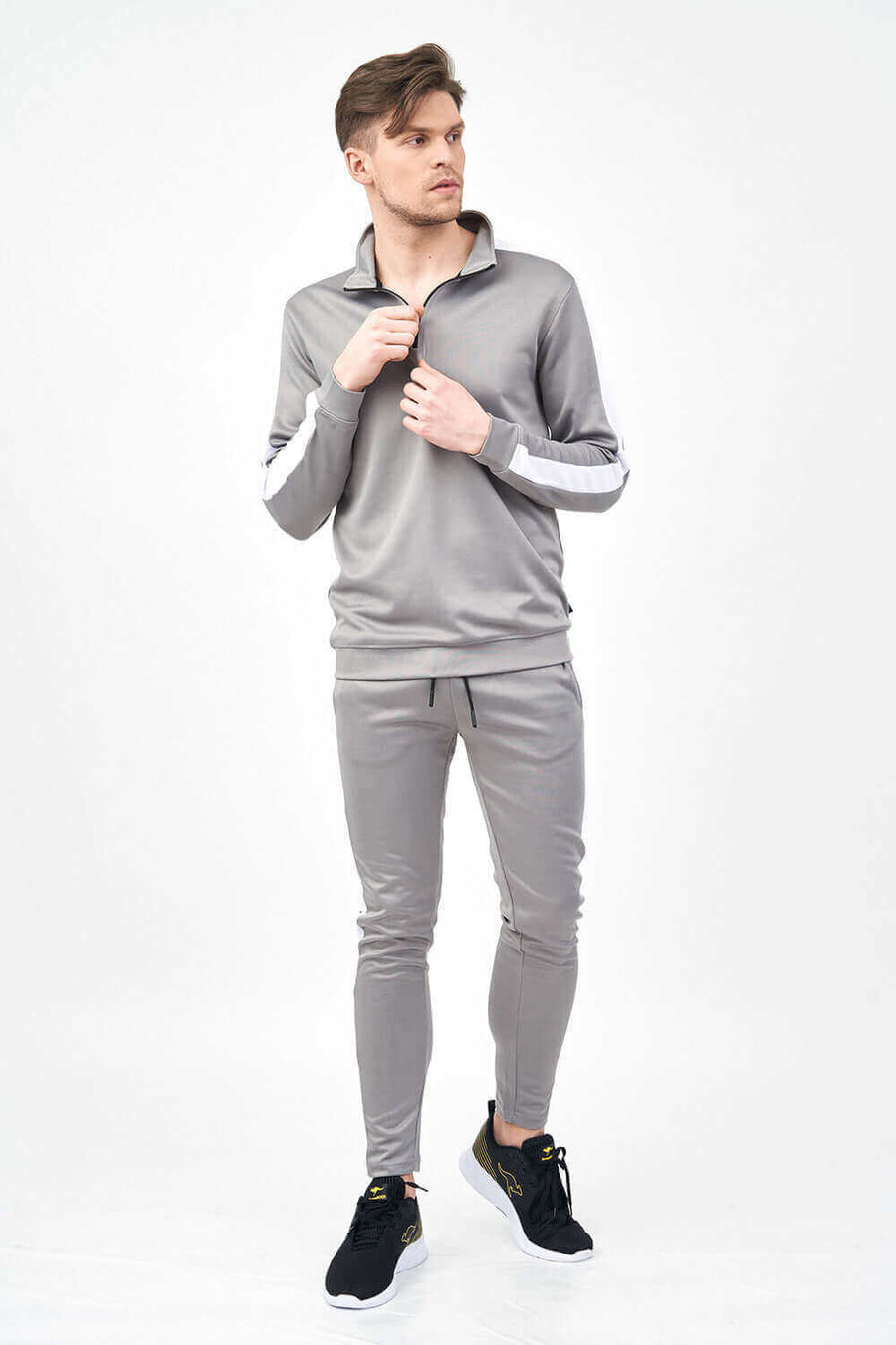 Front View of Tricot Funnel Neck Men's Tracksuit Set with Side Panel